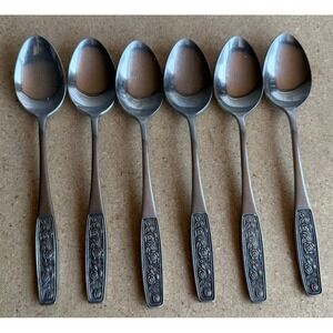 LOT of 6 Interpur INR28 Stainless Flatware Embossed Roses Dinner SPOONS